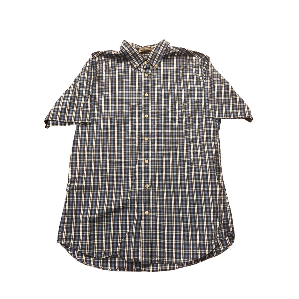 Eddie Bauer Plaid Button Down Shirt Mens TL Blue Short Sleeve Classic Fit Cotton